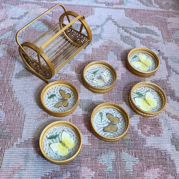 Vintage Other - Vintage wicker cottage core pressed butterfly coasters with holder